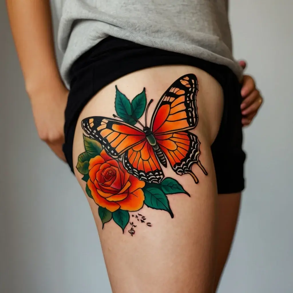 Bright butterfly with orange and black wings perched above a vivid orange rose, surrounded by deep green leaves.