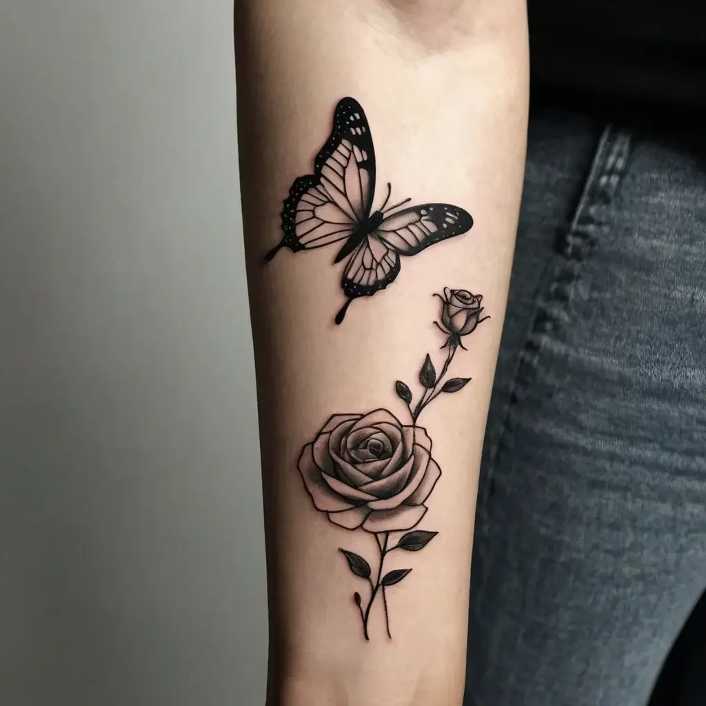 Fineline tattoo of a butterfly above a detailed rose and bud, symbolizing transformation and beauty.