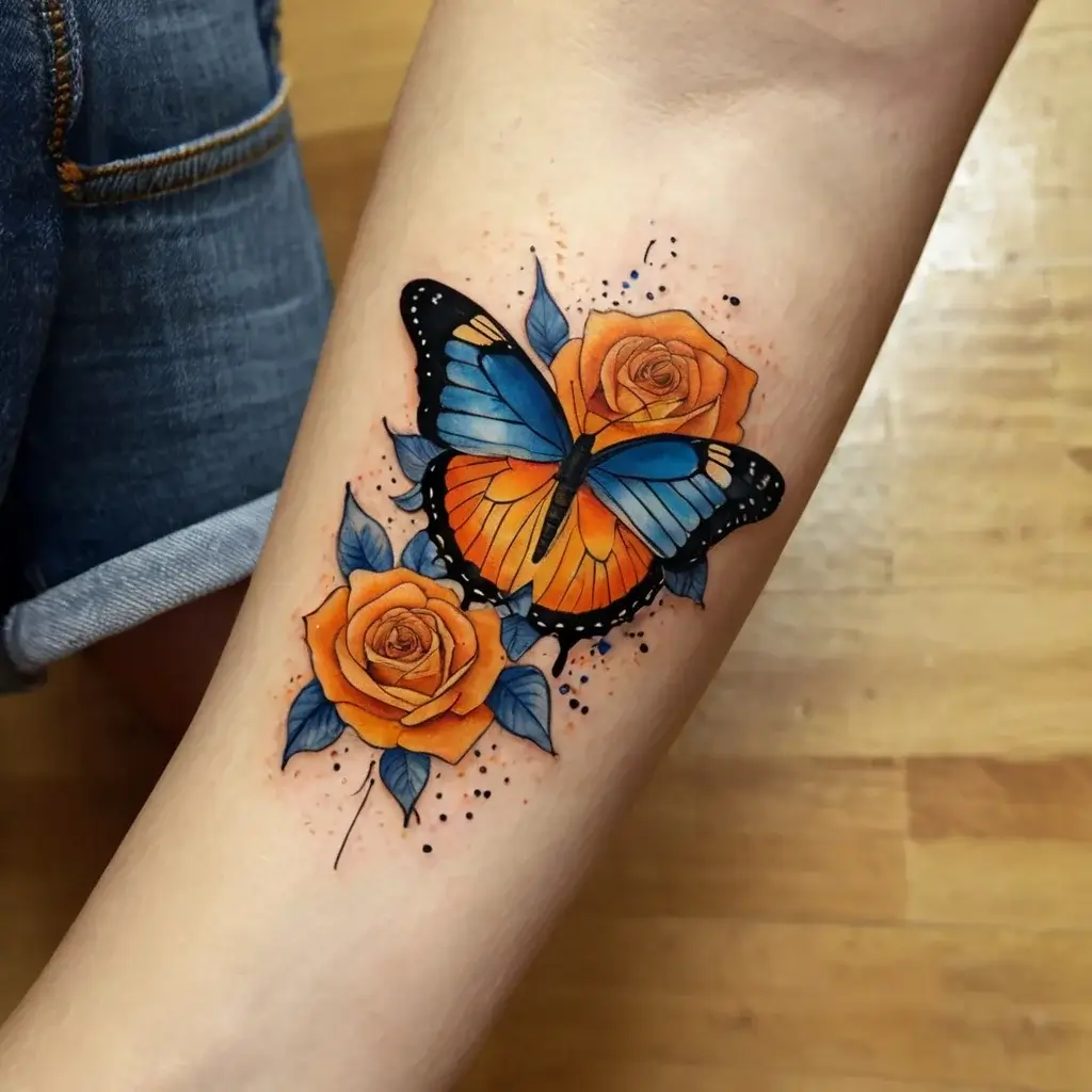 Vibrant tattoo of a blue and orange butterfly perched on orange roses, with splashes of color adding dynamic contrast.