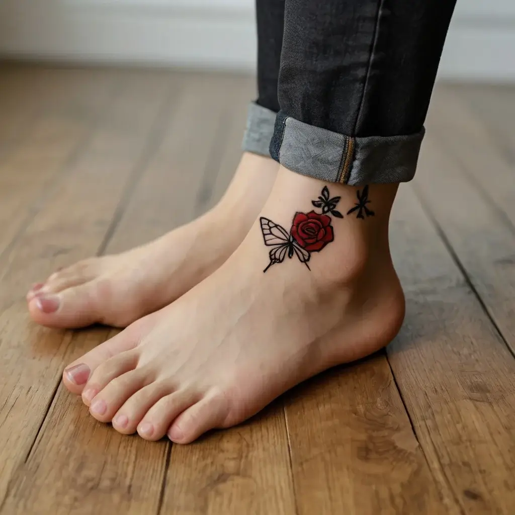 Tattoo of a red rose with a butterfly on an ankle, accented by small leaves and stars in black ink.