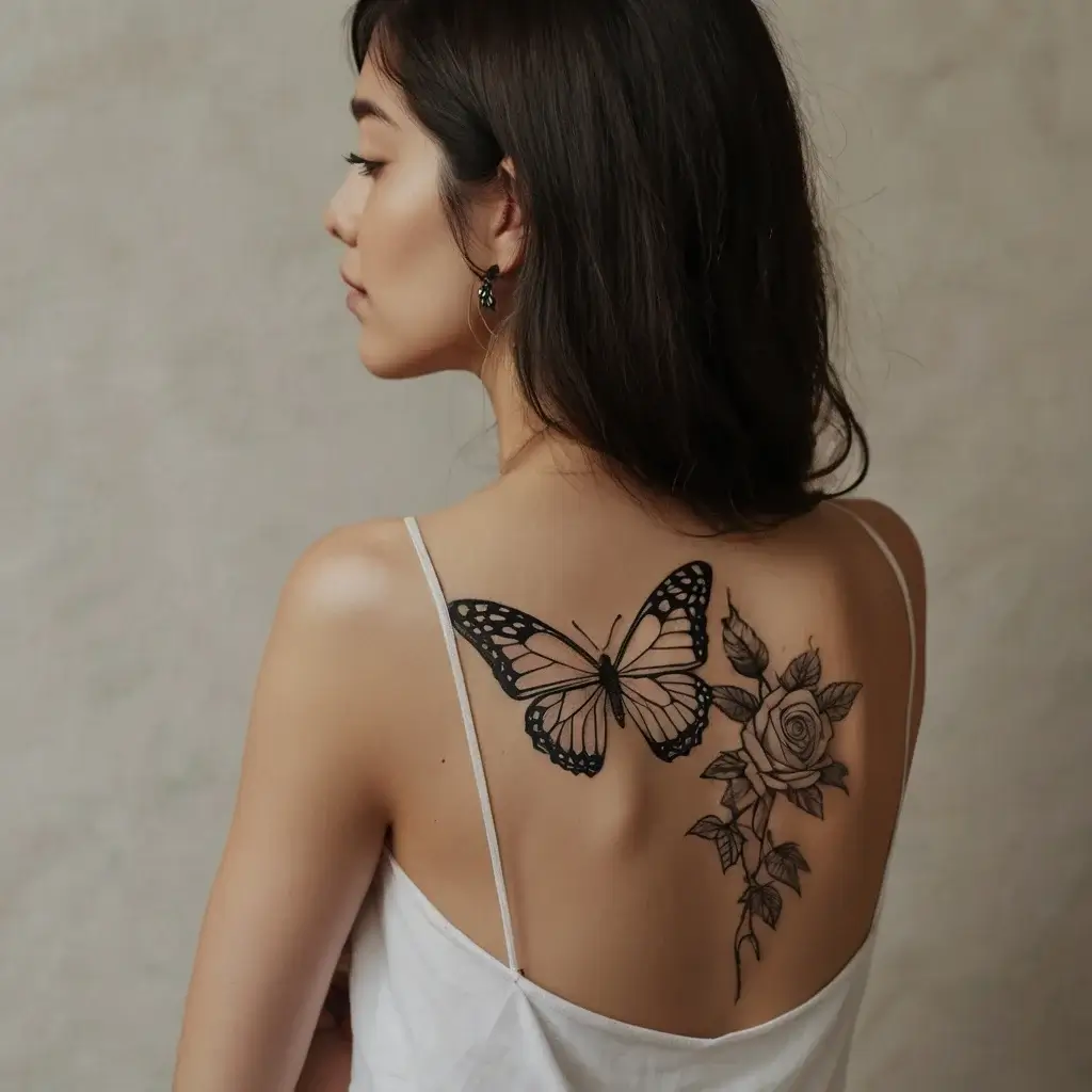 Tattoo of a detailed black butterfly and blooming rose with leaves on the woman's upper back, symbolizing transformation.