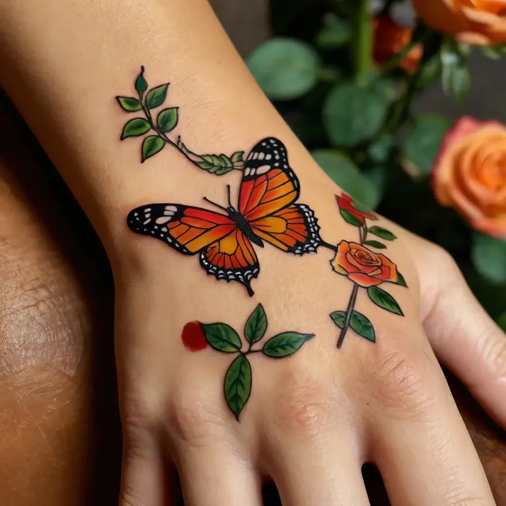 Vibrant orange butterfly with detailed wings, surrounded by lush green leaves and a blooming rose on the hand.