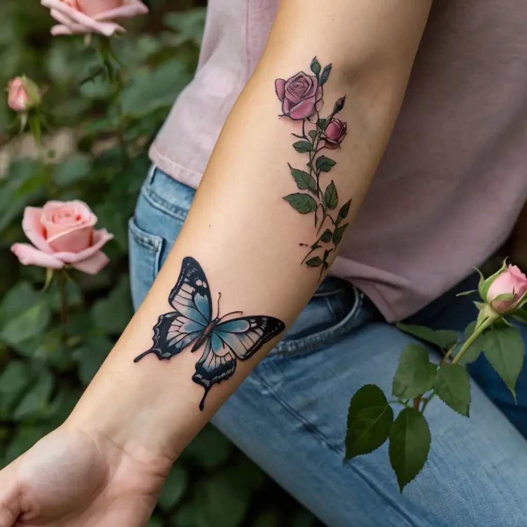 Tattoo of a vivid blue butterfly and pink rose, symbolizing transformation and beauty, with green leaves on the forearm.