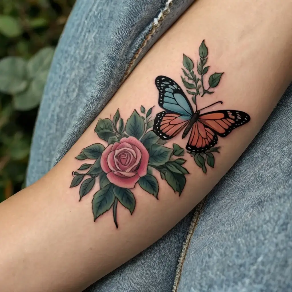 A colorful tattoo of a butterfly with blue and orange wings, perched on a pink rose with green leaves.