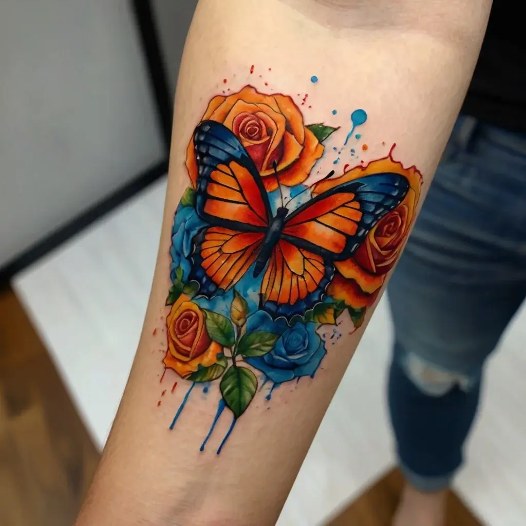 Colorful tattoo of a vibrant orange butterfly with blue and orange roses, accented by splashes of watercolor ink.