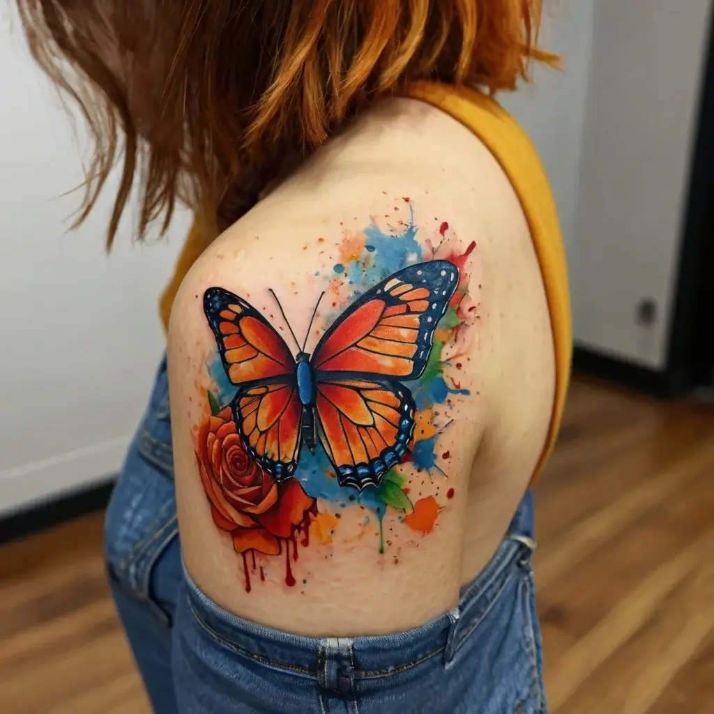 Vivid tattoo of an orange butterfly and rose, accented by colorful watercolor splashes on the shoulder.