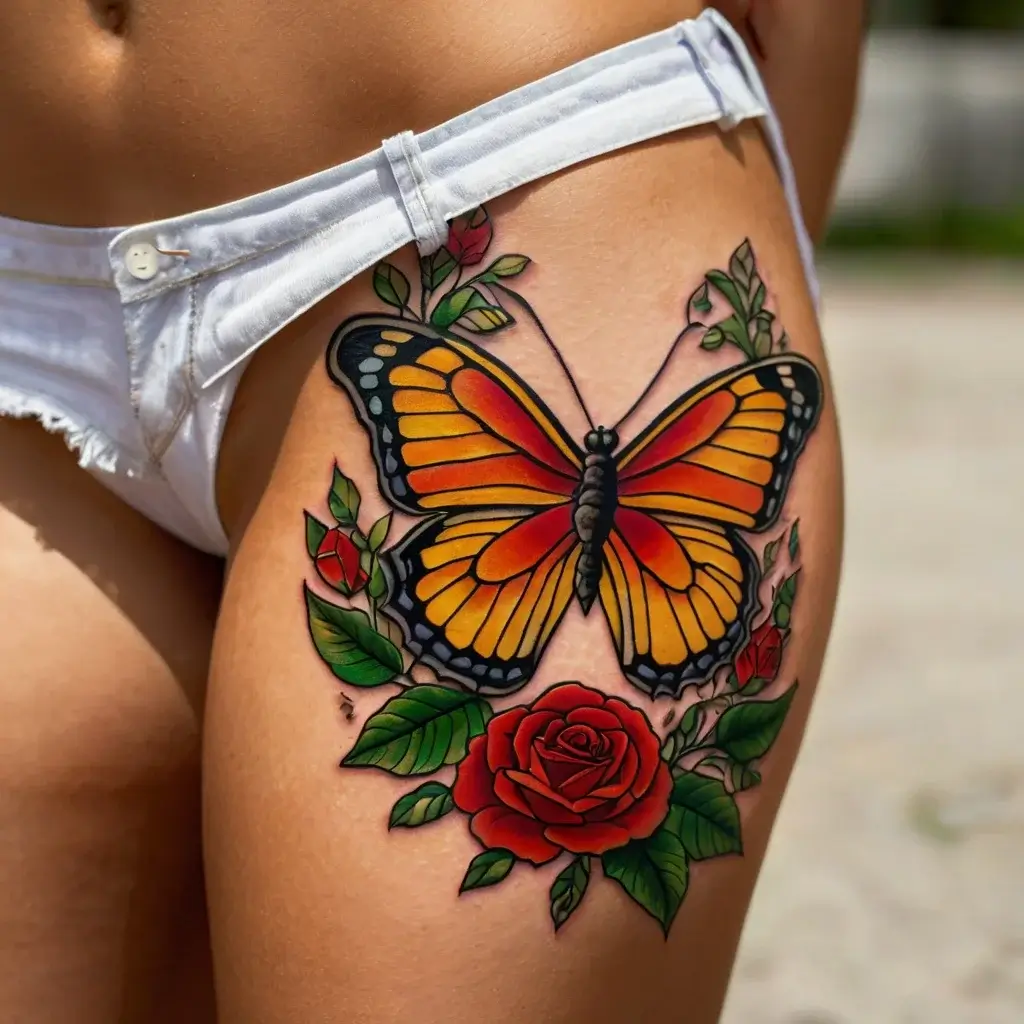 A vibrant tattoo of an orange and black butterfly over red roses and green leaves on the thigh.