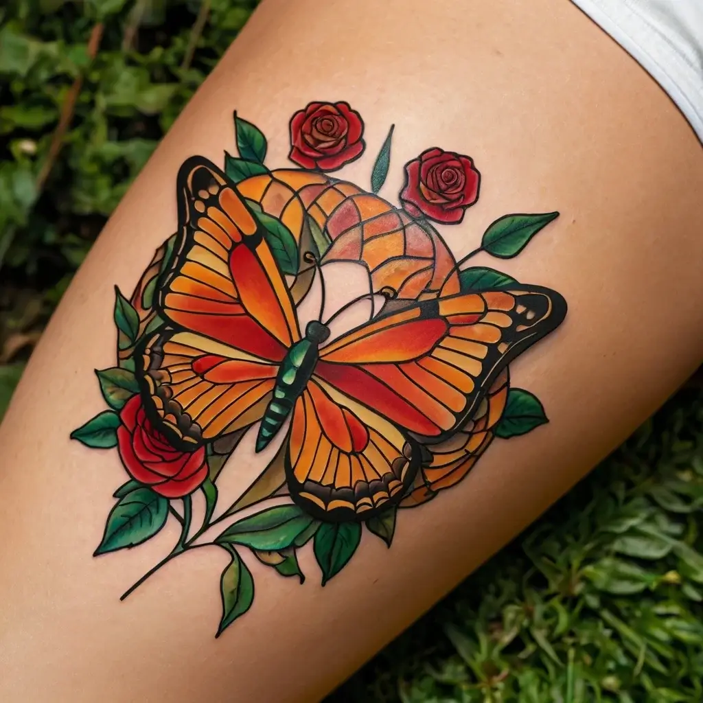 Bold butterfly with vibrant orange wings, entwined around a snake, nestled among red roses and green leaves.