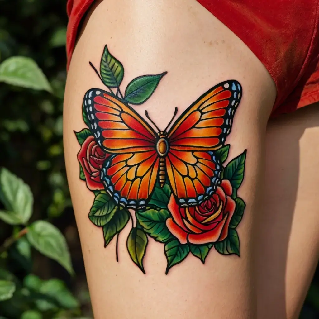 Bright orange butterfly with bold black outlines sits atop vibrant red roses, framed by lush green leaves.