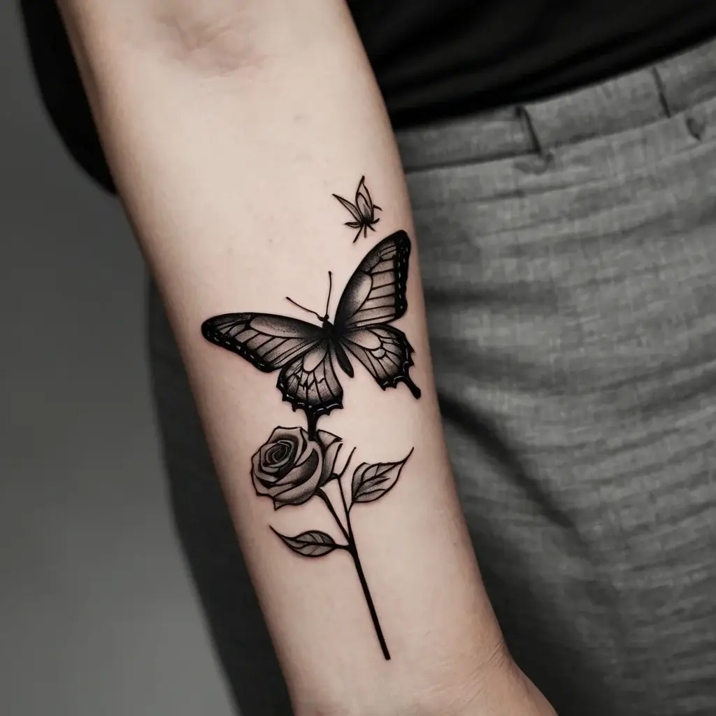 Tattoo of a detailed butterfly and rose, with a smaller butterfly above, symbolizing transformation and beauty.