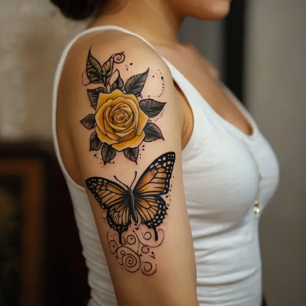 Tattoo of a yellow rose and butterfly with intricate swirls on the arm, showcasing vibrant colors and dynamic details.