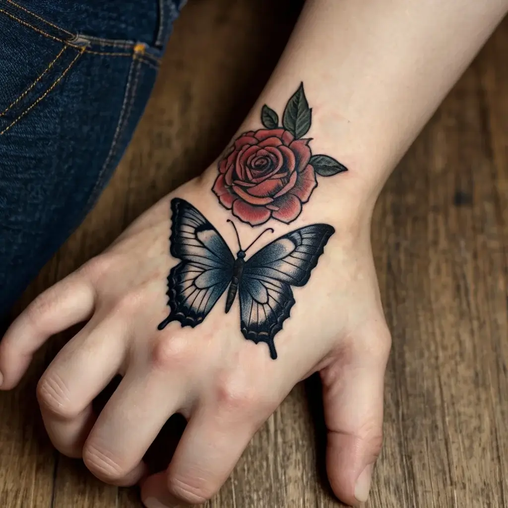 Detailed black and gray butterfly beneath a vibrant red rose on the hand, symbolizing transformation and beauty.