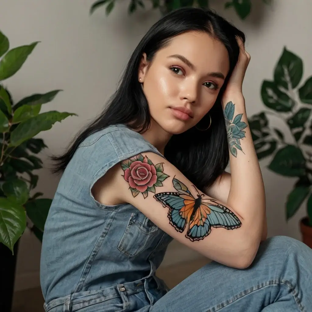 A vibrant tattoo of a blue and orange butterfly with a pink rose on the upper arm, and blue floral design on the forearm.