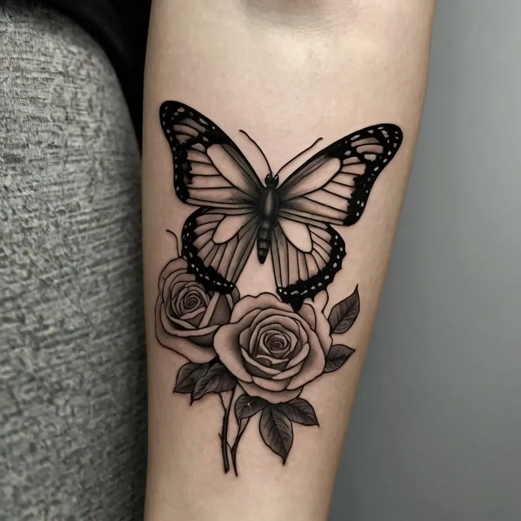 Black ink tattoo of a detailed butterfly perched above two shaded roses, featuring intricate leaves.