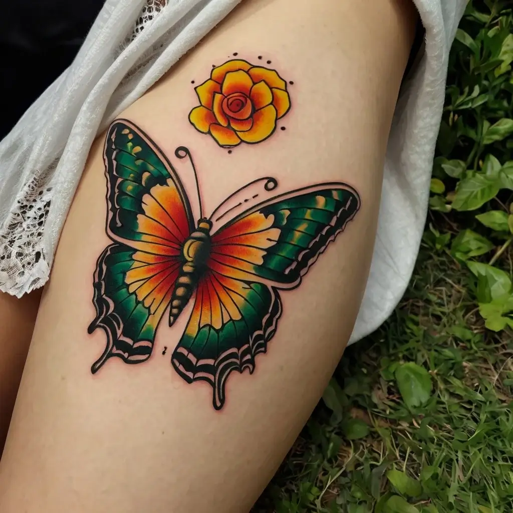 Bright butterfly tattoo with green, orange, and yellow tones below a vivid yellow-orange rose on the thigh.