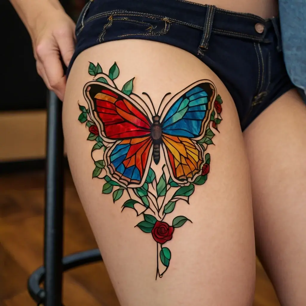 Colorful butterfly with stained glass effect, surrounded by green leaves and red roses on the upper thigh.