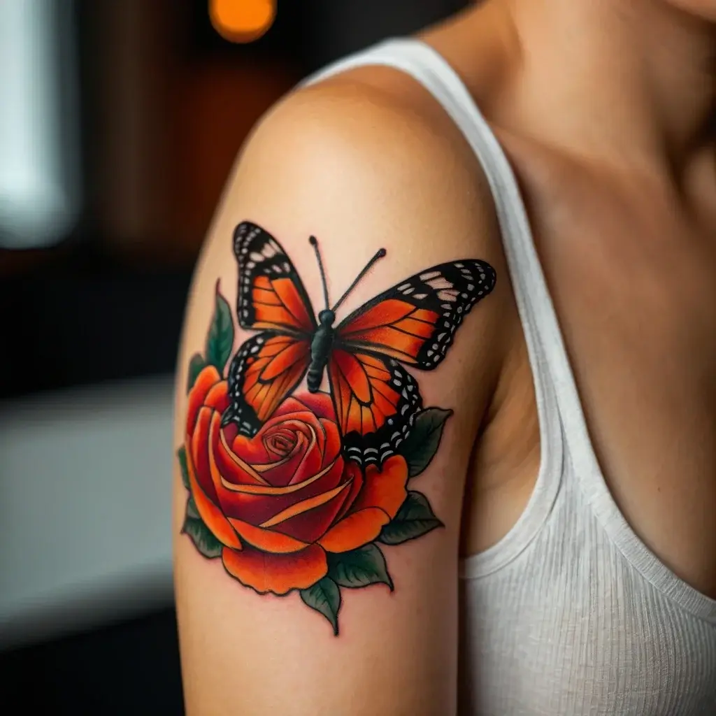 Tattoo of a vibrant orange rose with a detailed monarch butterfly on the shoulder, symbolizing beauty and transformation.