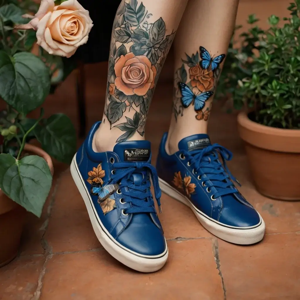 Tattoo of vibrant orange roses with detailed leaves and blue butterflies, complementing matching floral-themed sneakers.