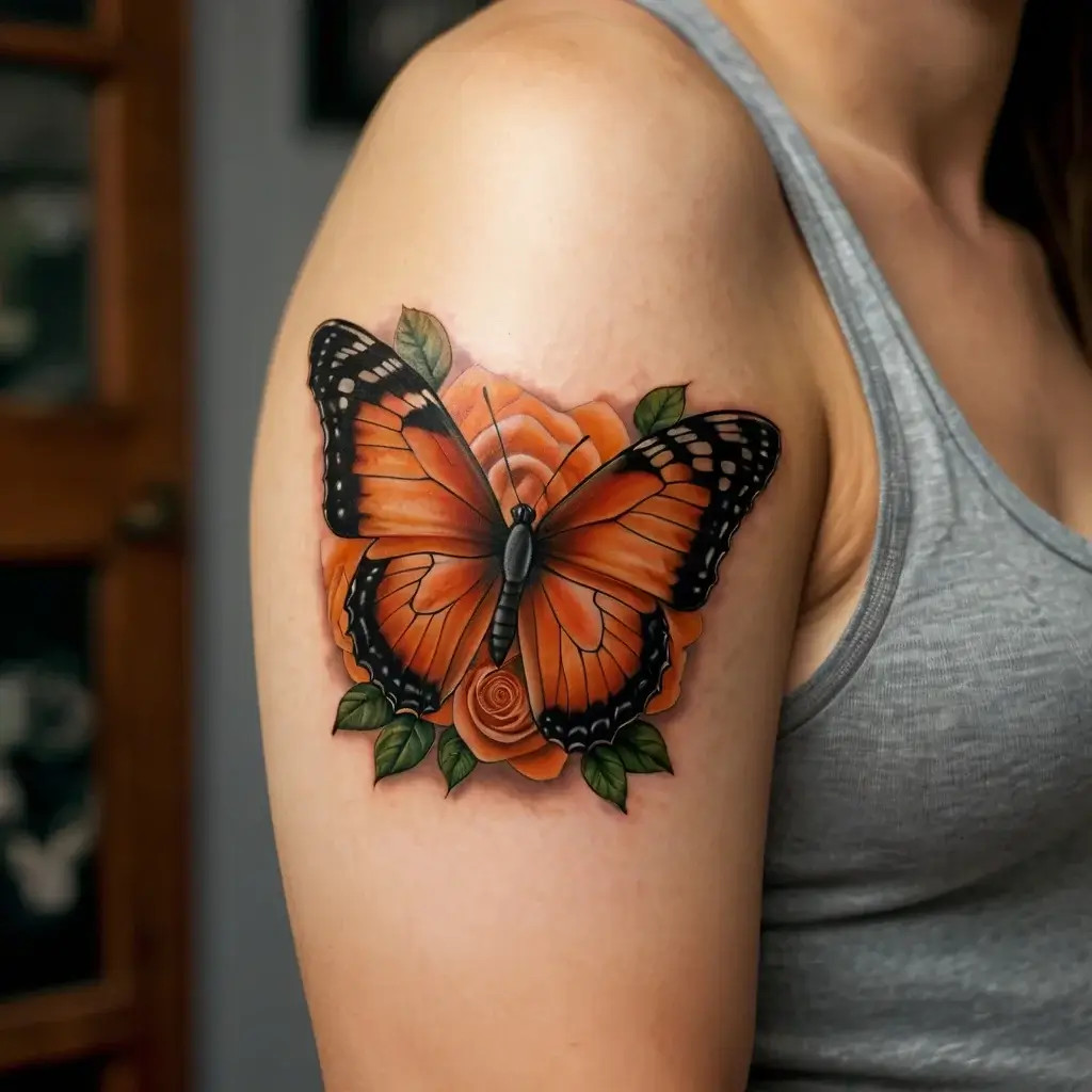 A realistic butterfly tattoo with vivid orange wings on a bed of roses, accented with green leaves on the upper arm.