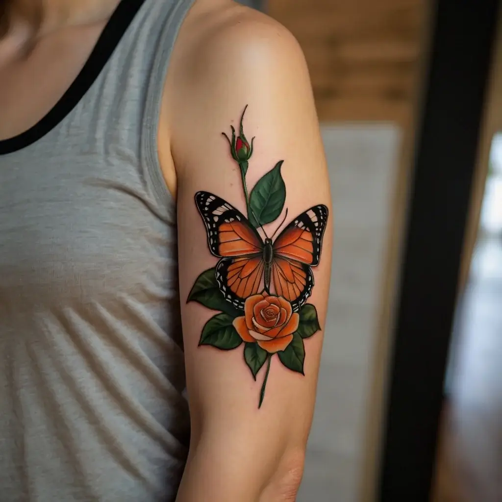 Orange butterfly on a rose, blending nature's elements, symbolizing transformation and beauty on the upper arm.