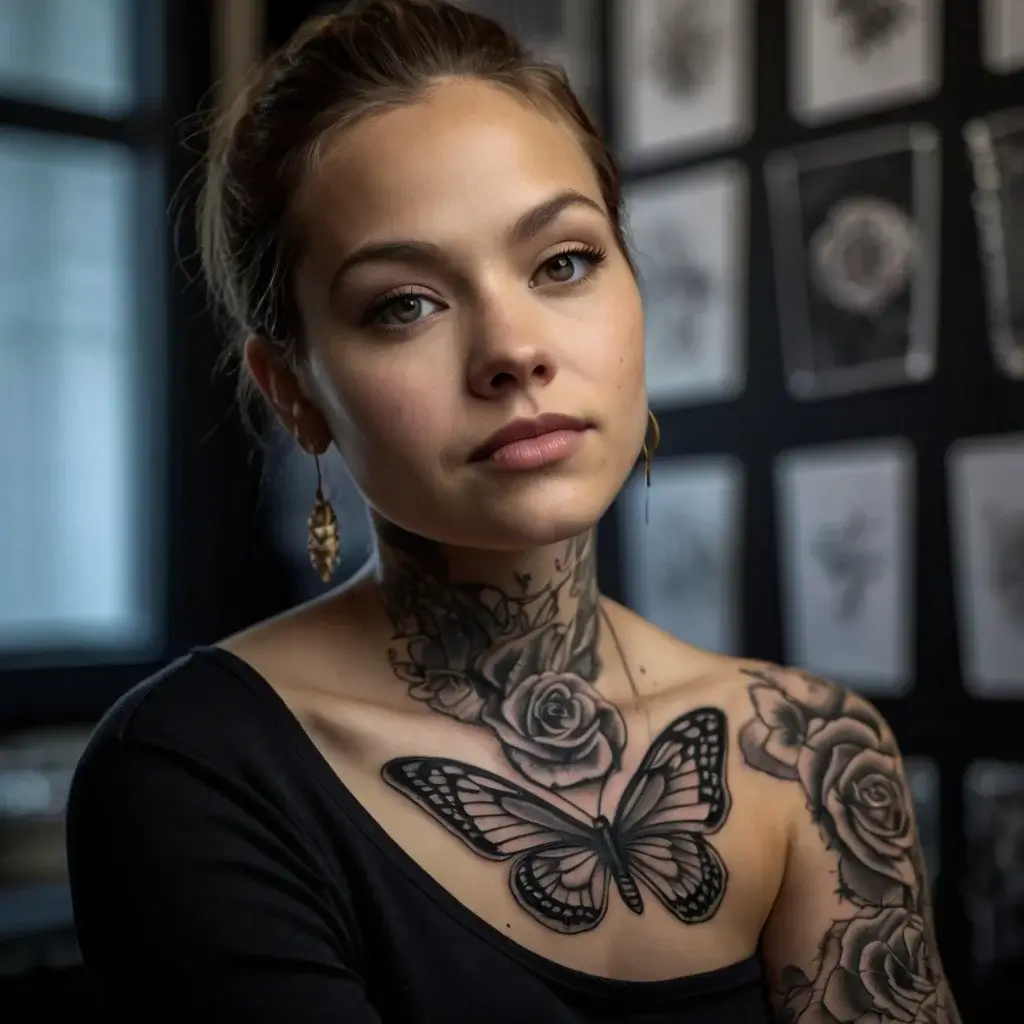 A detailed black and gray tattoo design featuring roses and a butterfly, elegantly covering the shoulder and chest area.