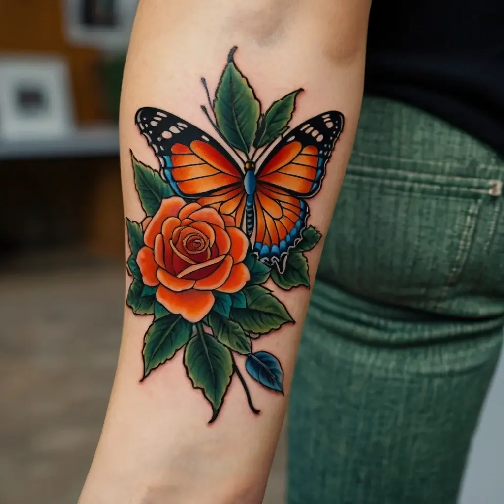 Vibrant tattoo of an orange butterfly perched on a realistic rose with lush green leaves, symbolizing transformation.