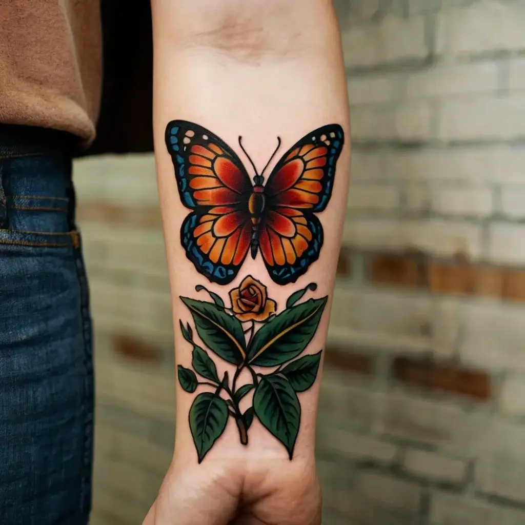 Tattoo of vibrant orange butterfly above a yellow rose with lush green leaves, creating a harmonious nature-themed design.