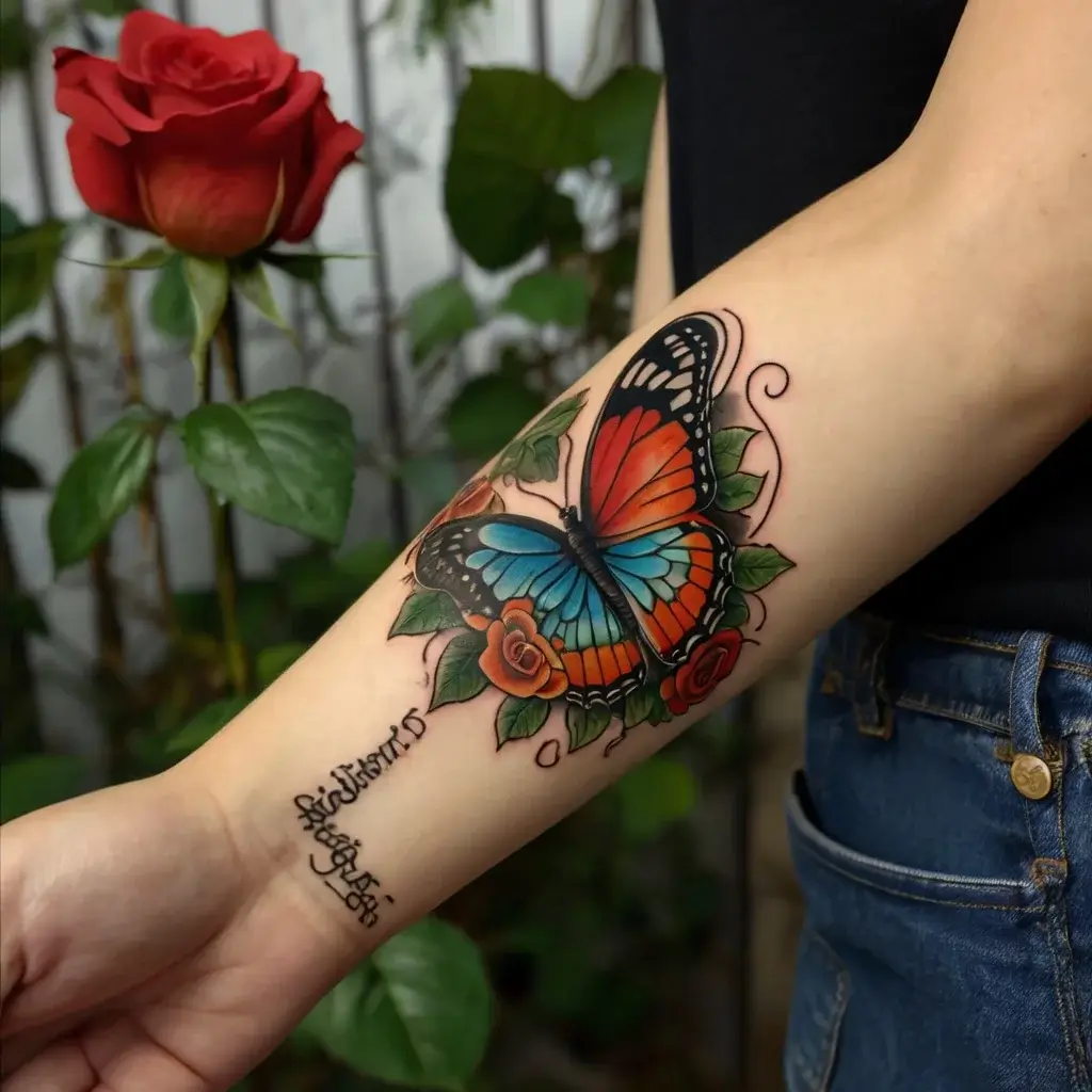 Vivid butterfly tattoo with orange and blue wings on forearm, surrounded by red roses and delicate script text below.