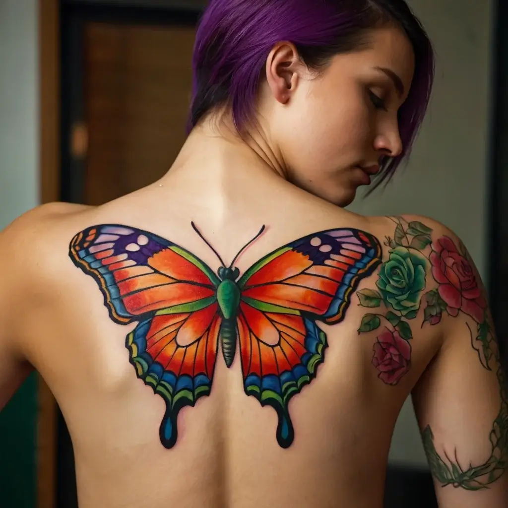 Vibrant butterfly tattoo with orange and blue wings on the back, surrounded by roses on the shoulder and arm.