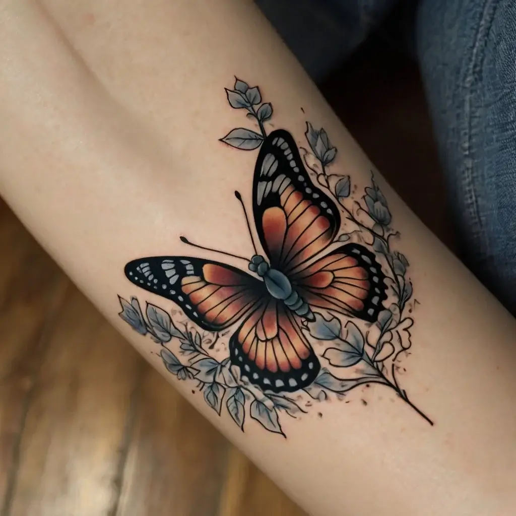 A vibrant butterfly tattoo with orange wings, black edges, and white spots, surrounded by delicate grey-shaded leaves.