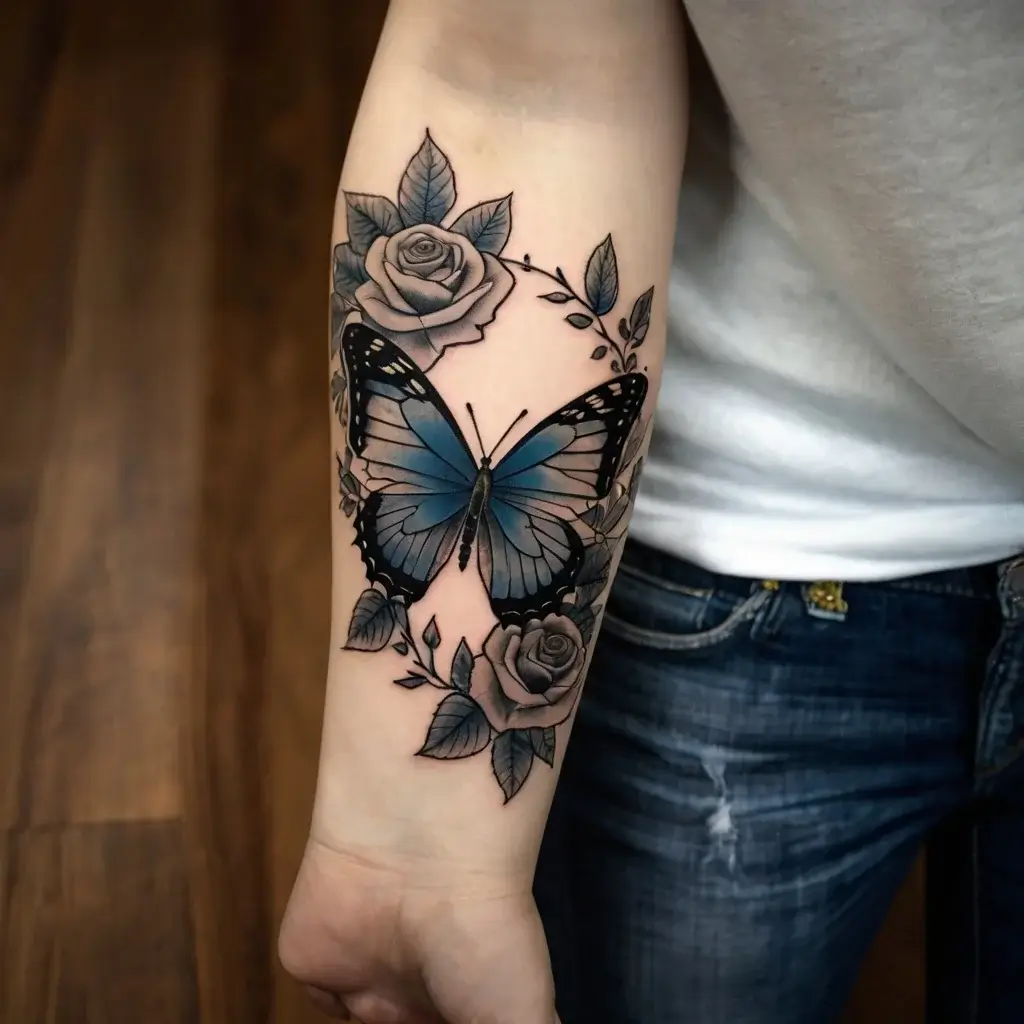 Tattoo of a blue butterfly with detailed black edges, surrounded by grayscale roses and leaves on the forearm.