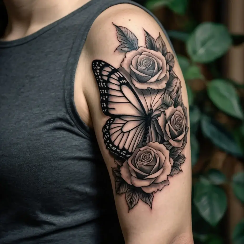 Tattoo of a detailed butterfly with roses, featuring intricate shading and bold outlines on the upper arm.