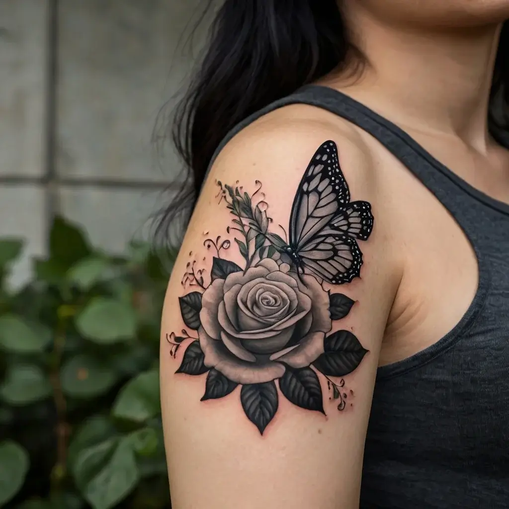 A black and gray tattoo of a detailed rose with leaves and a large butterfly on a person's upper arm.