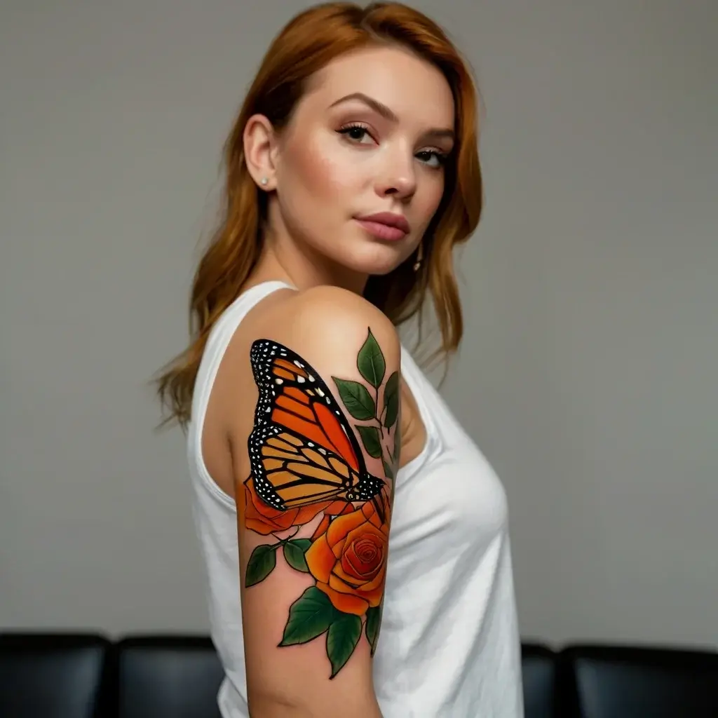 Vivid tattoo of an orange monarch butterfly perched on a blooming rose with detailed green leaves on the upper arm.