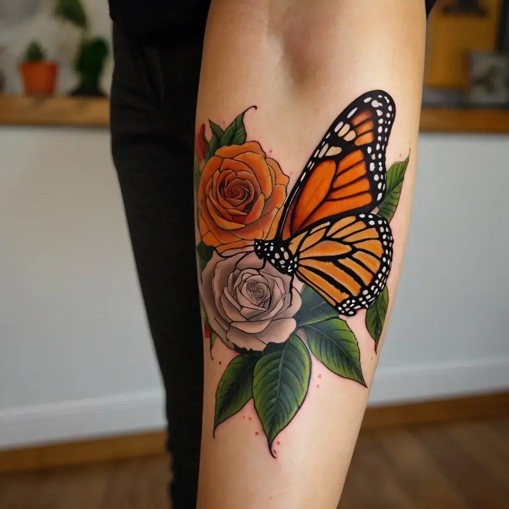 A vibrant tattoo featuring an orange monarch butterfly perched on detailed orange and white roses with lush green leaves.