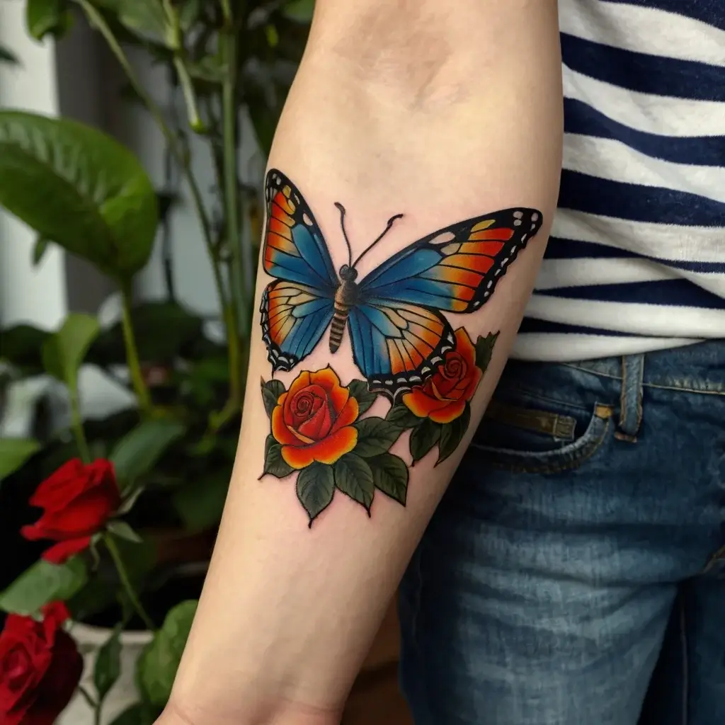 Colorful butterfly above vibrant red roses tattooed on forearm, blending realism with traditional tattoo styles.