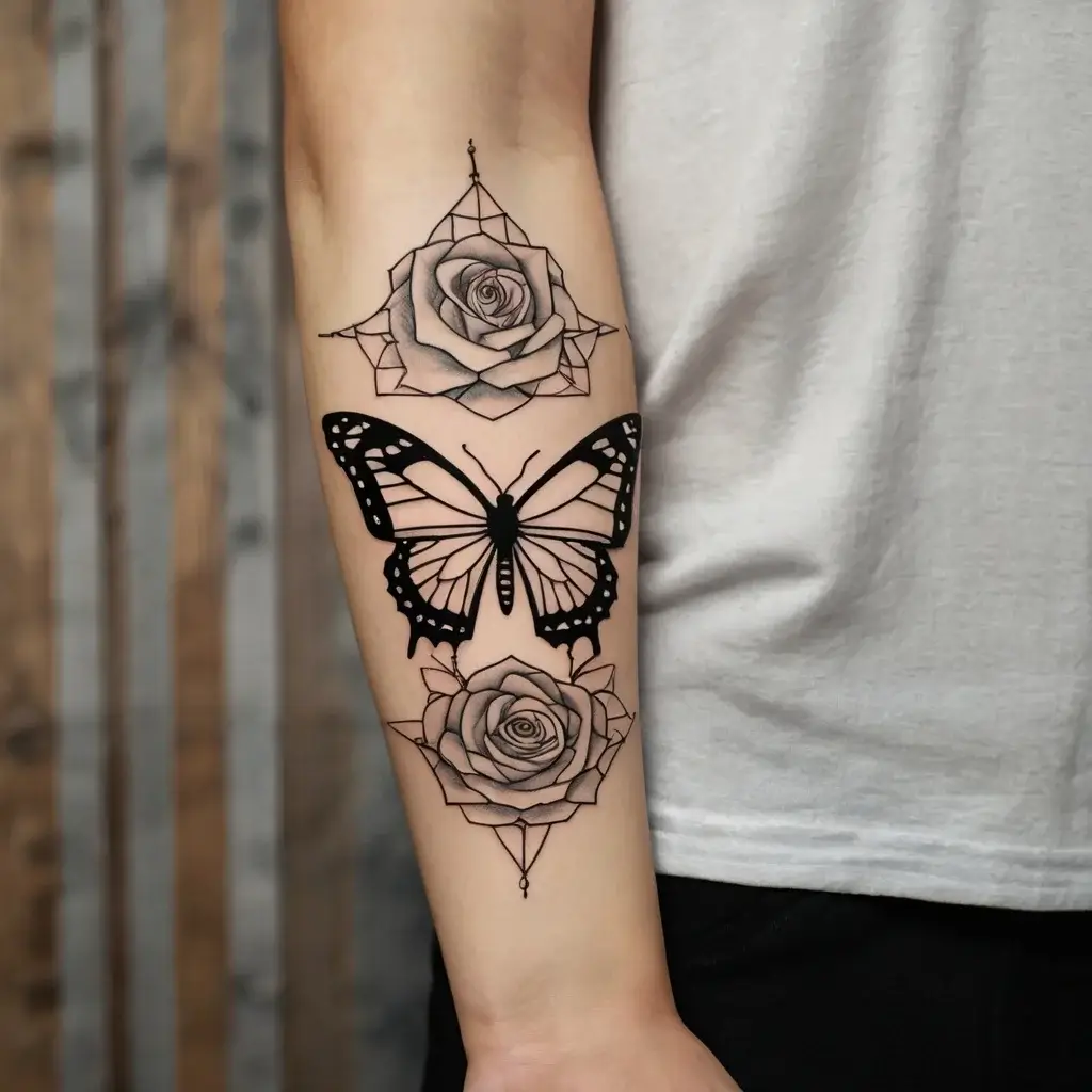 Tattoo of a butterfly nestled between two geometric roses, showcasing bold outlines and fine shading for depth.