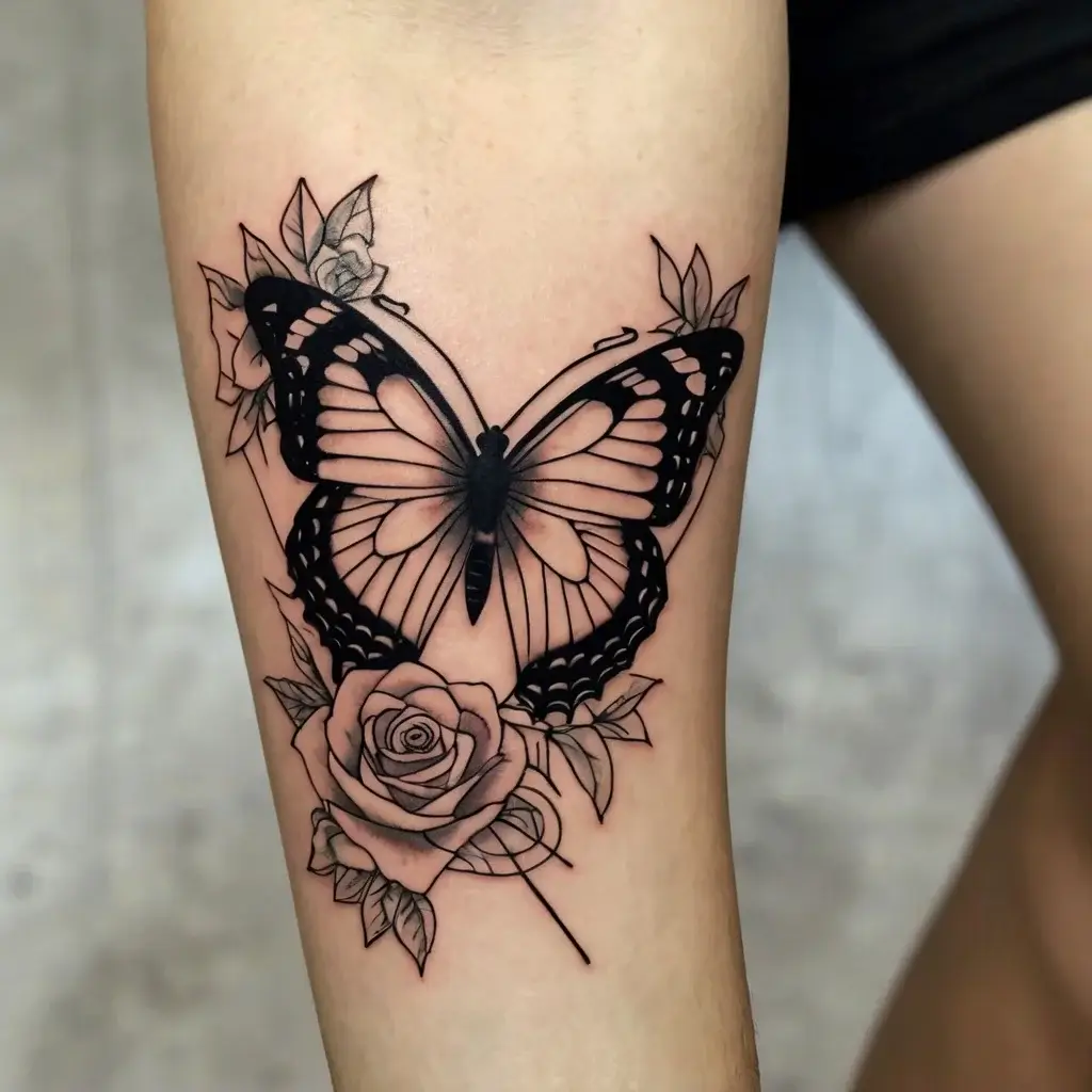 Tattoo of a stylized black butterfly and a shaded rose with line details, symbolizing transformation and beauty.