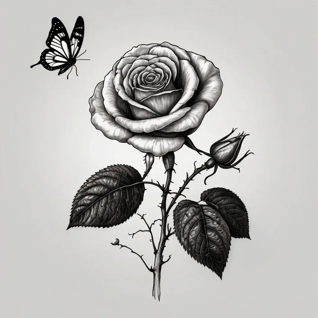 Detailed black and grey tattoo of a blooming rose with a butterfly, symbolizing growth and transformation.