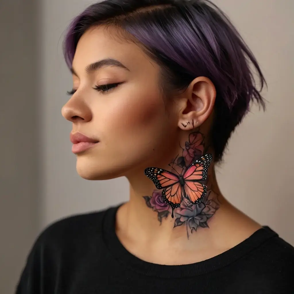 Neck tattoo featuring a vibrant orange butterfly on grayscale roses, blending realism with soft hues for striking contrast.