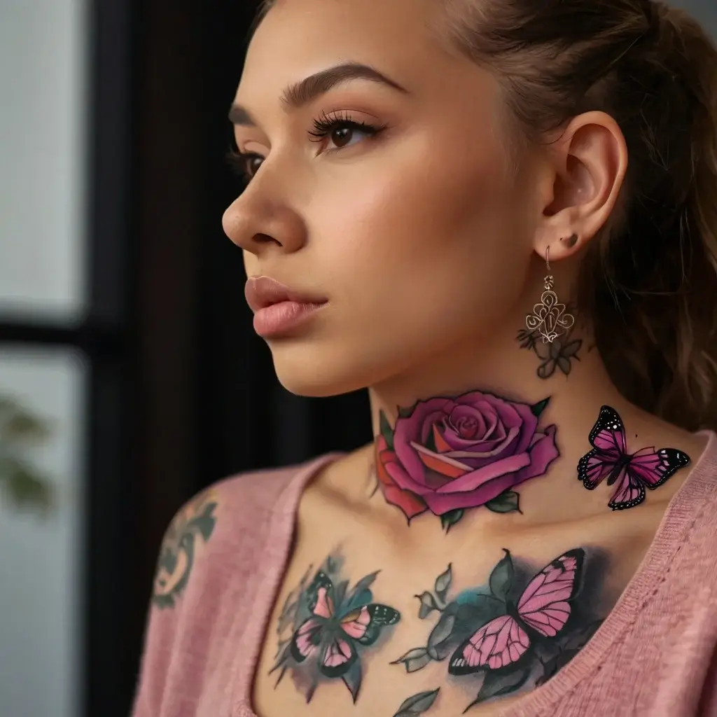 Neck tattoo featuring a realistic purple rose with vibrant pink butterflies, creating a striking contrast.