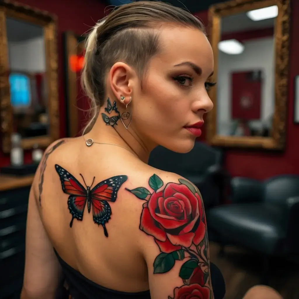 Vivid tattoo featuring a red butterfly and a large red rose with green leaves on a woman's shoulder and back.