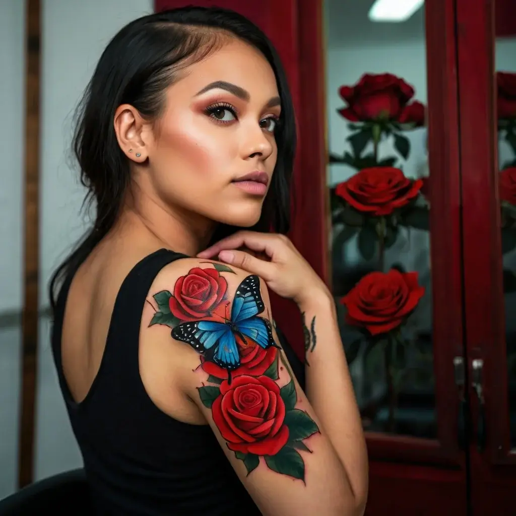 Tattoo of vivid red roses and a striking blue butterfly on a woman's shoulder, symbolizing beauty and transformation.