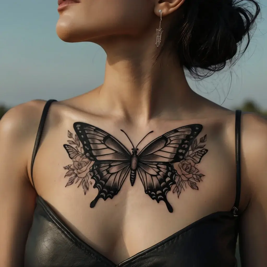 Realistic butterfly tattoo on the chest with detailed wings and roses, symbolizing transformation and beauty.