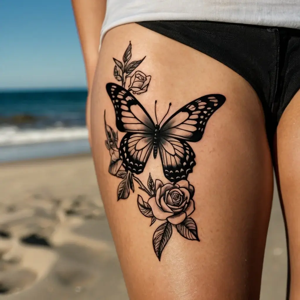 Tattoo of a black-and-gray butterfly above roses on a thigh, showcasing delicate shading and intricate linework.