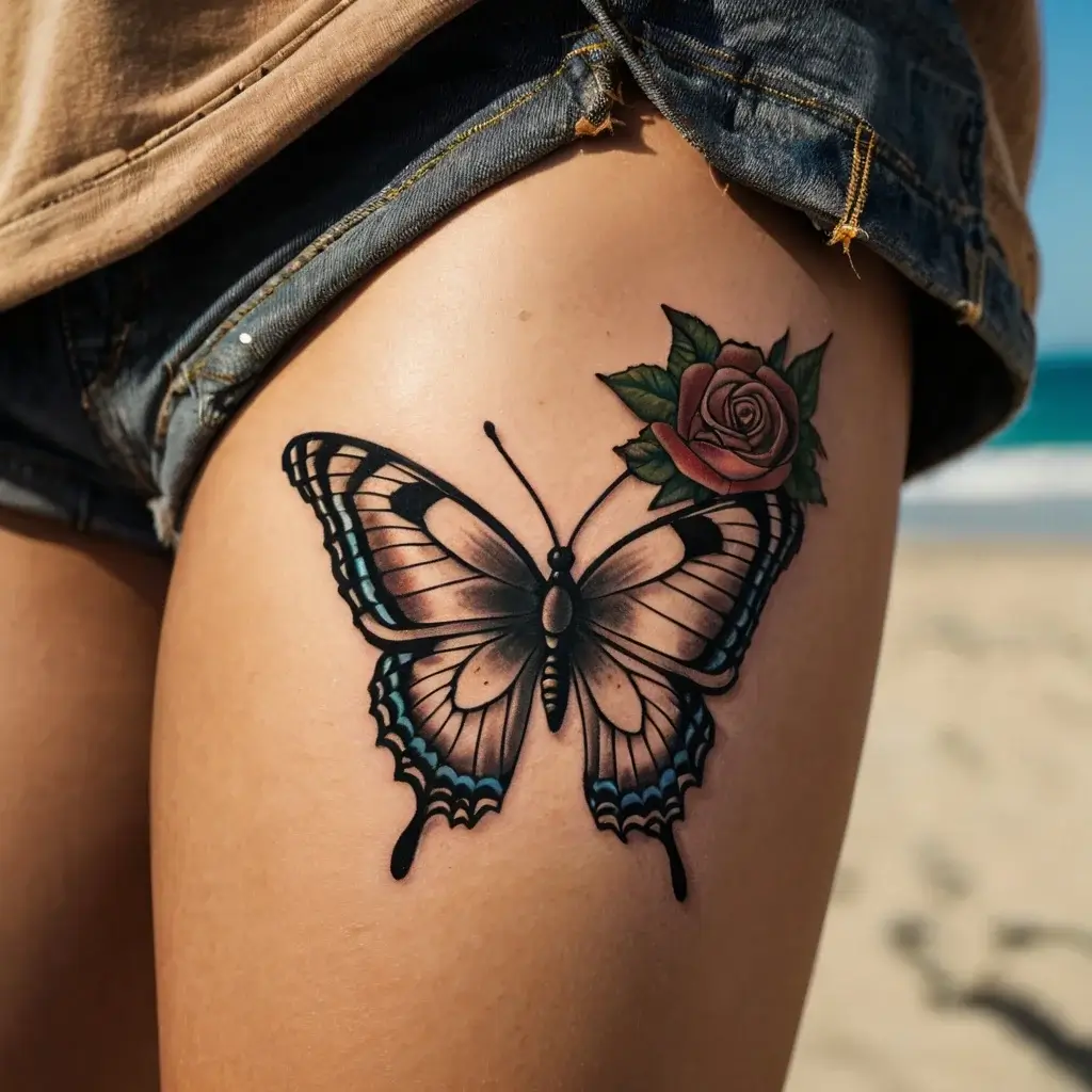 Tattoo of a detailed butterfly with soft gradient wings, paired with a vibrant red rose and green leaves on the thigh.