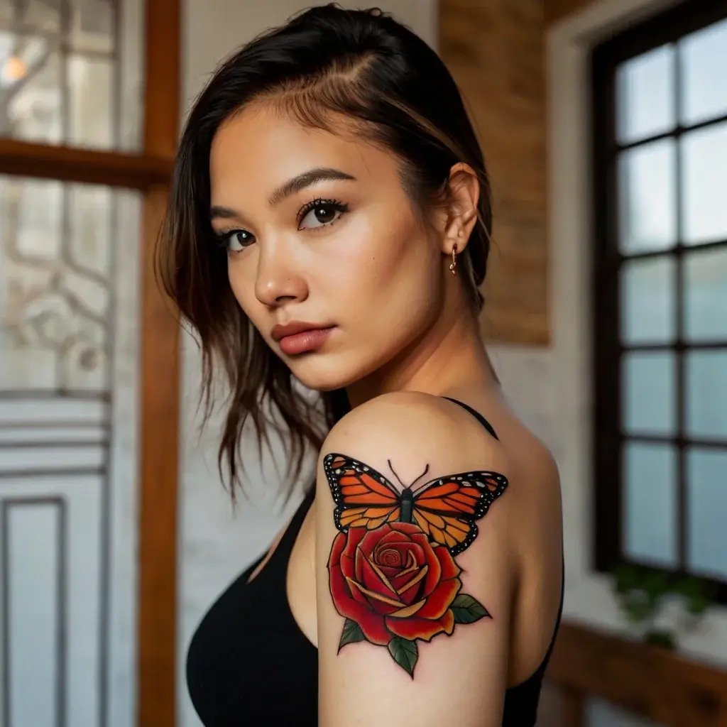 A vibrant tattoo of a monarch butterfly resting on a red rose with green leaves, located on the shoulder.