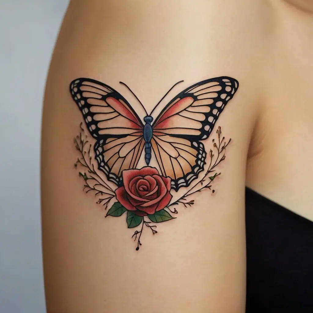 A vibrant butterfly with detailed wings perches above a blooming red rose, flanked by delicate branches on the upper arm.