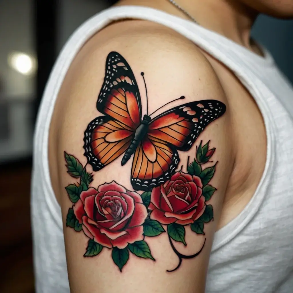 Tattoo of a vibrant orange butterfly resting above two detailed red roses with lush green leaves on an upper arm.