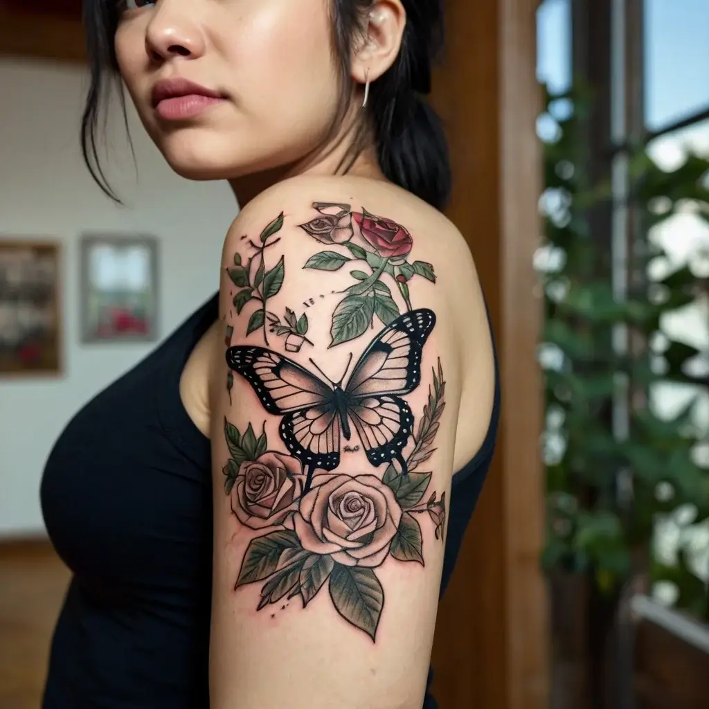 Tattoo of a detailed butterfly and roses with stems and leaves on the upper arm, blending realism and bold outlines.